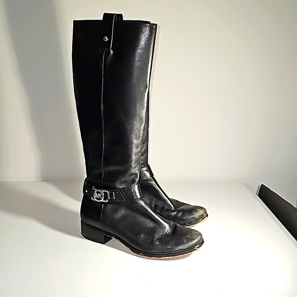Michael Kors Shoes - Michael Kors Black Leather Tall Boots, Silver MK Logo Need Polish 9.5